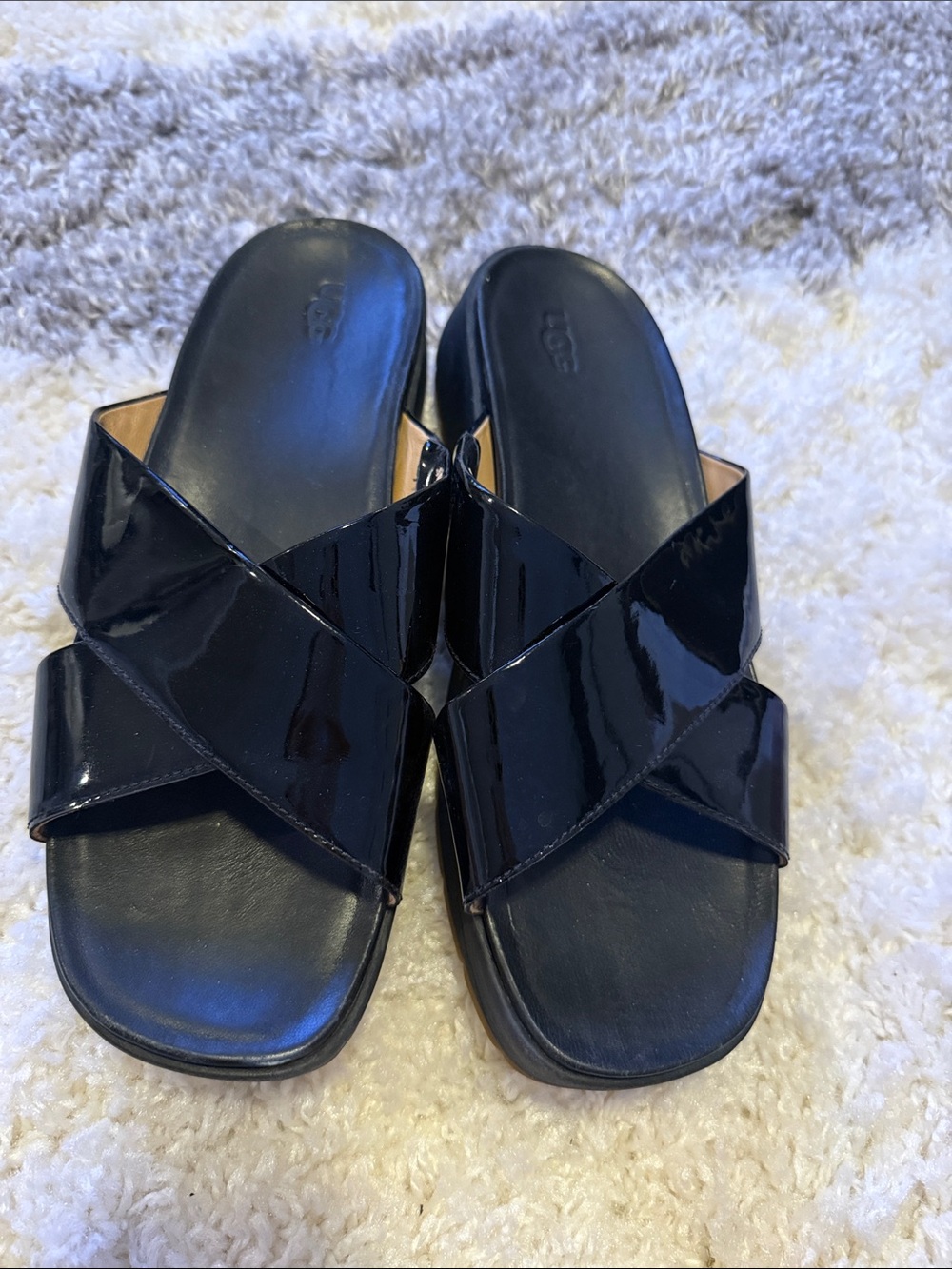 UGG Women's Black Patent Cross-Strap Slide Sandals